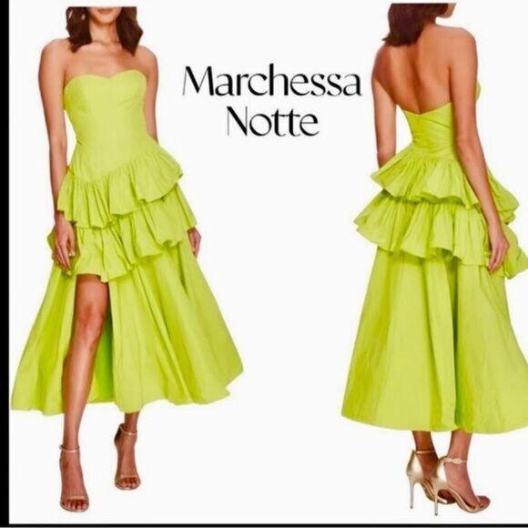 MARCHESA NOTTE Bright Green taffeta tiered midi dress Sz 4 NWT - Picture 1 of 14